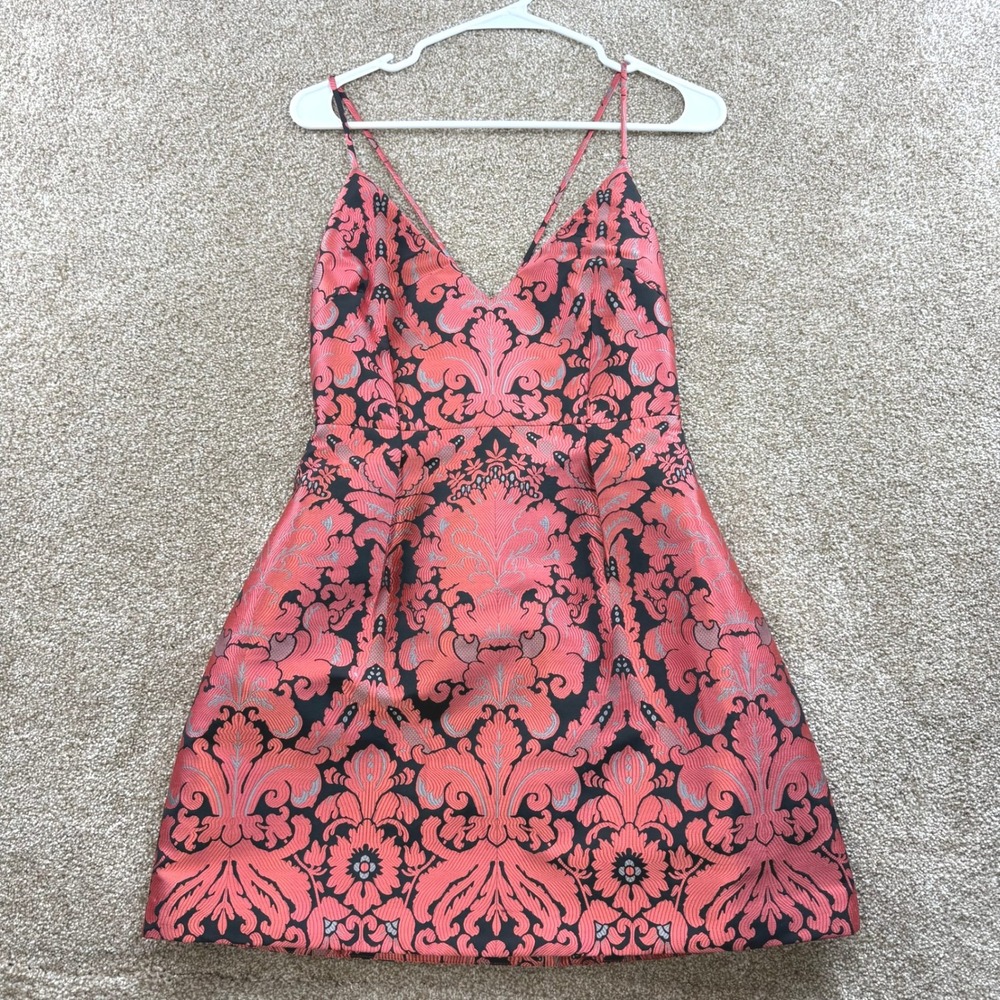 Free People Coral Pink Black Damask Brocade Mini Dress Strappy 2 Coquette XS